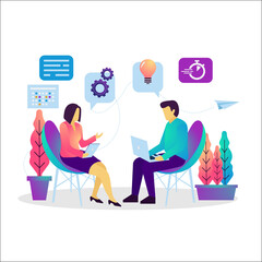 Illutration two of people  meeting make some conversation, business consulting. Human resources development. Suitable for web banner, landing page, ui , poster, flyer, mobile app.