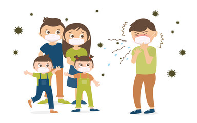 The family is protecting children from coughing by wearing masks to stop the spread of airborne germs.Coronavirus quarantine. Vector illustration