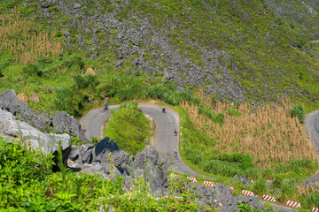 Beautiful mountain landscape of happiness road kilometer zero of Ha Giang Loop famous place and attraction travel destination Ha Giang City to Dong Van and Meo Vac, Vietnam