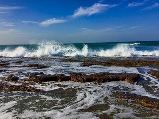 Ocean Water Splashing Over Rocks in Sal, Island of Cape Verde. Salt Water Splash in  Cabo Verde.