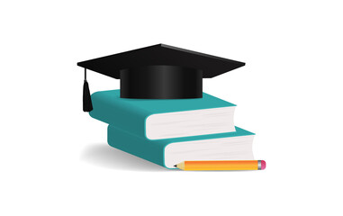 graduation cap with book, pencil. on white background, vector illustration