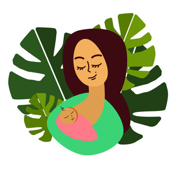 cute female flat illustration design mother and child baby breast feeding