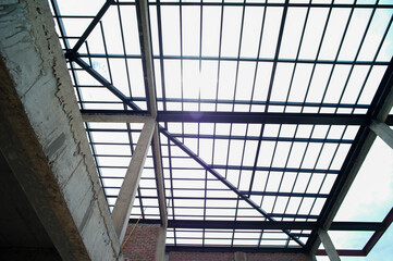 Perspective interior house under construction with clear blue sky background