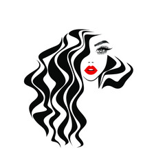 Beautiful sexy woman face, red lips, curly black hair style, fashion hairdresser, element design, spa salon. Beauty Logo. Vector illustration. 