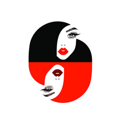 Beautiful sexy woman face, red lips, black and red hair style, fashion hairdresser, element design, spa salon. Beauty Logo. Vector illustration. Isolated on white.
