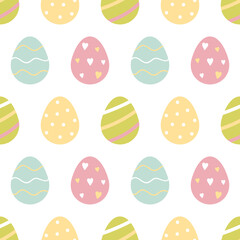 Cute pastel colors cartoon style easter eggs with ornaments seamless pattern background.