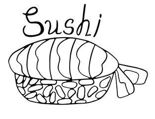 Shrimp nigiri (ebi sushi with rice and shrimp) isolated on white background. Black and white food illustration. Hand drawing coloring book for children and adults. One of a series of painted pictures.