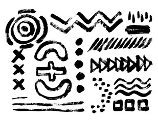 Vector set of black brush strokes. Editable isolated elements. Grunge brushes for your design. Freehand. Watercolor splash. Acrylic stamp. Monochrome geometric simple drawing.