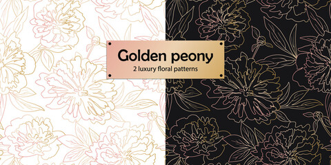 Golden outlined peony on black and white background. Vector illustration seamless floral pattern set for fashion fabric, wrapping paper of wallpaper design