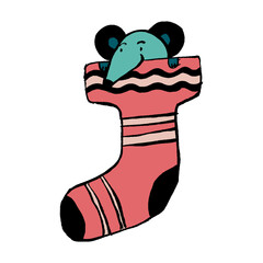 The character of cute metal mouse 2020 sitting in the pink christmas sock. The character of cute mouse icon. Flat doodle hand-drawn grunge style. Merry Christmas concept.
