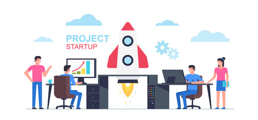 Startup business design concept with rocket. Business People launching rocket. Startup Business Concept. Successful launch of startup