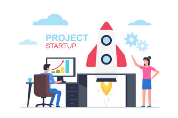 Startup business design concept with rocket. Business People launching rocket. Startup Business Concept. Successful launch of startup