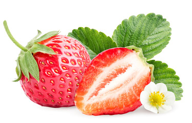 Ripe strawberries with a half, leaves and flower on a white background. Isolated