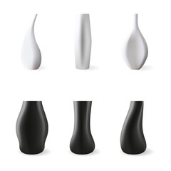 Set ceramic vase on a white background. Floor bowls realistic style. Black, white vases. Vector illustration 3D. 