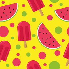 ice cream on a stick and slices of watermelon seamless pattern in vector flat style. bright, summer juicy background yellow