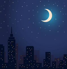 Silhouette of the City and Night With Stars and Moon at the Sky. Night Life.