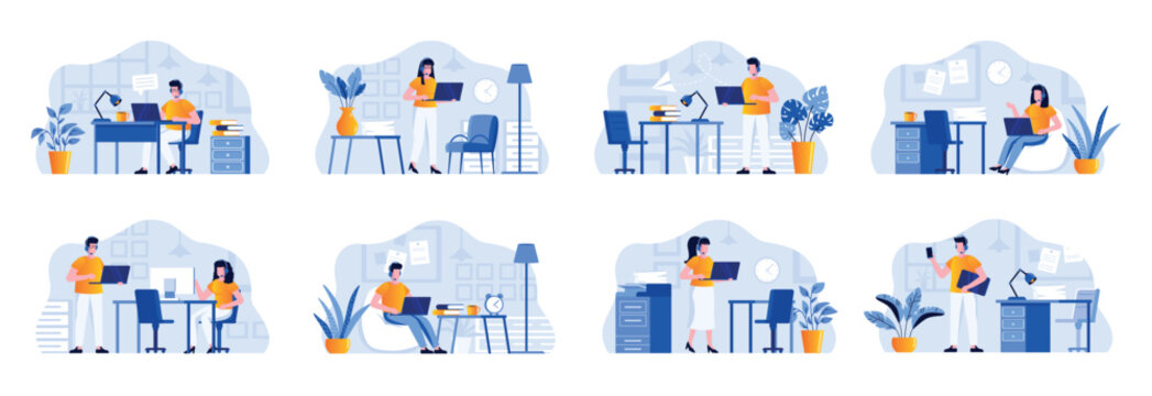 Support service scenes bundle with people characters. Helpline operator with headset work with computer in office situations. Online consultation and assistance in call center flat vector illustration