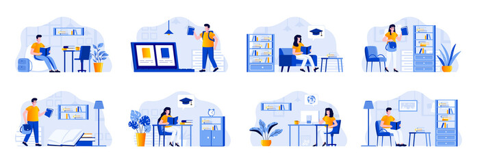 Education scenes bundle with people characters. Distance learning program in university, students studying in library, read book at home situations. Online education platform flat vector illustration.