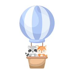 Cute baby raccoon and fox in the hot air balloon. Graphic element for childrens book, album, scrapbook, postcard, invitation, mobile game.