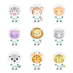 Set of cute spacemen animals. Adorable animals characters for design of album, scrapbook, card, poster, invitation.