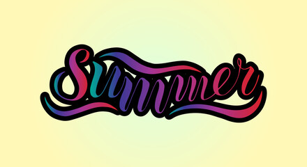 Vector illustration of a lettering summer. Poster, banner, card, invitation, clothes, bag, label, sticker. Ink calligraphy. The word is written by hands on background. Letters with a black stroke.