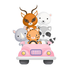 Cute rino, lynx, raccoon, gazelle and polar bear travel in pink car. Graphic element for childrens book, album, postcard, mobile game. Zoo theme.