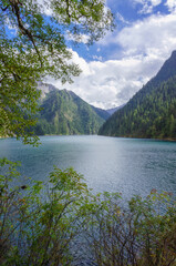 Beautiful and fresh scenery along the Long Lake with mountains view, reflection and trees perfect for mind relaxing during holidays at Jiuzhaigou Valley National Park.