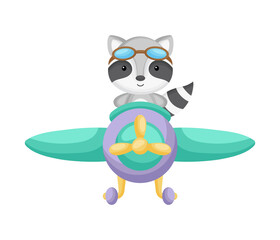 Cute raccoon pilot wearing aviator goggles flying an airplane. Graphic element for childrens book, album, scrapbook, postcard, mobile game.