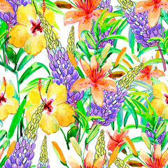Seamless wallpapers with Beautiful yellow and purple flower, Watercolor painting. Floral textile design. Surface pattern. © Olesia La