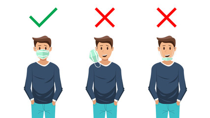 How to wear a mask correct. Man presenting the correct method of wearing a mask, to reduce the spread of germs, viruses and bacteria.Stop the infection instructions vector illustration