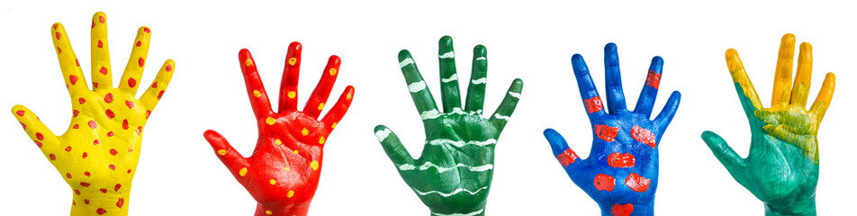 The banner is painted with bright paint the palm of your hand with different colors on a white isolated background - obrazy, fototapety, plakaty