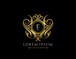 Luxury Boutique E Letter Logo. Classy Elegant gold circle badge design for Boutique, Letter Stamp, Wedding Logo,  Hotel, Heraldic, Jewelry.