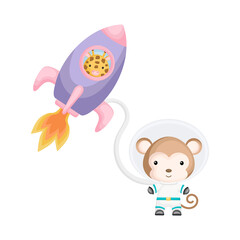 Cute giraffe and monkey astronauts flying in rocket and open space. Graphic element for childrens book, album, postcard, invitation.