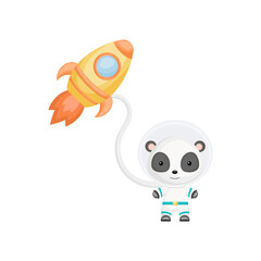 Cute little panda astronaut flying in open space. Graphic element for childrens book, album, scrapbook, postcard, invitation.