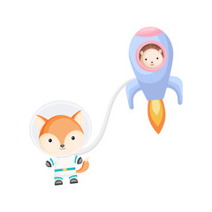Cute hedgehog and fox astronauts flying in rocket and open space. Graphic element for childrens book, album, postcard, invitation.