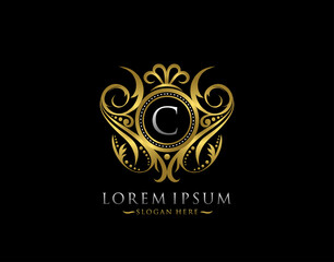 Luxury Boutique C Letter Logo. Classy Elegant gold circle badge design for Boutique, Letter Stamp, Wedding Logo,  Hotel, Heraldic, Jewelry.