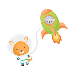 Cute kangaroo snd koala astronauts flying in rocket and open space. Graphic element for childrens book, album, postcard, invitation.