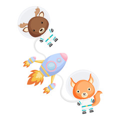 Cute little moose and squirrel astronauts flying in open space. Graphic element for childrens book, album, scrapbook, postcard, invitation.