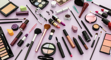 Make up cosmetics products against pastel purple background,