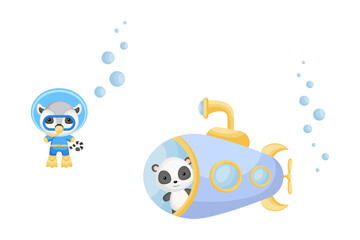 Cute cartoon panda looks out of submarine window and cute lemur in diving suit swim underwater. Design of t-shirt, album, card, invitation. © Jexy
