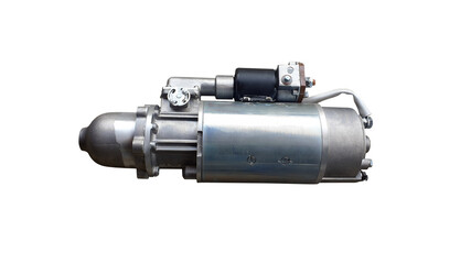 Starter for a car with solenoid isolated on white background. Spare parts.
