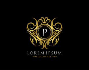 Luxury Boutique P Letter Logo. Classy Elegant gold circle badge design for Boutique, Letter Stamp, Wedding Logo,  Hotel, Heraldic, Jewelry.