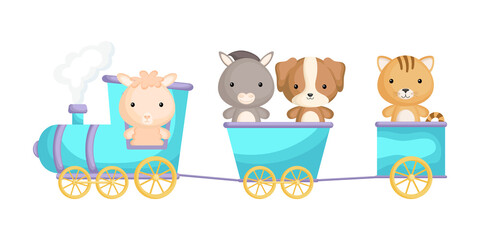 Alpaca, donkey, dog and cat ride on train. Graphic element for childrens book, album, scrapbook, postcard or mobile game. Zoo theme.