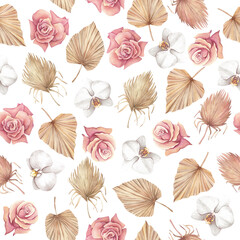 Boho watercolor seamless pattern with dry flowers and leaves on a white background for decoration.