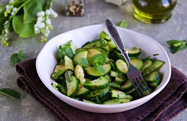 Fresh salad of cucumbers, green onions and fresh mint in an clay plate on a gray concrete background. Cucumber recipes. Vegetable salads, vegan food. Healthly food.