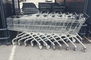 Place for shopping carts. Grocery shopping carts near the hypermarket.  