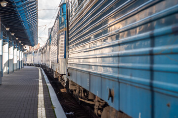 Old blue electric AC locomotives stand of company Skoda on closed Kyiv central railway station.