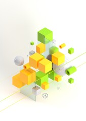 Abstract 3d render visualization background, template modern composition of geometric shapes in isometric . Cube, sphere, cylinder, line.