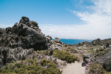 Rocky coastal area in front of a lake in Chile
