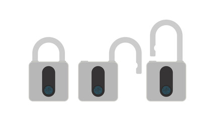 Gray padlock with fingerprint scanner. A modern lock is opened with a fingerprint. Isolated. Vector.